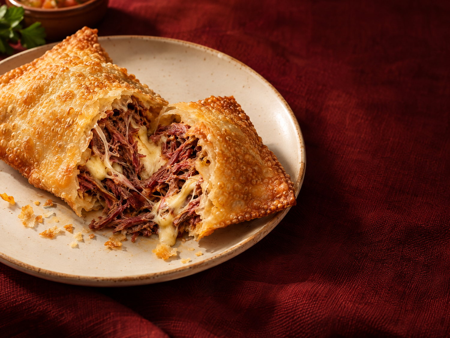 Imagem ilustrativa de pastel com carne seca e queijo